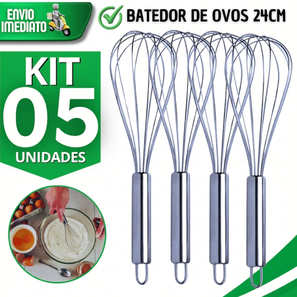 Kit Batedor Manual Claras Ovos Aço Inox Fouet 24Cm Cabo Reforçado Utensilio de Cozinha Profissional