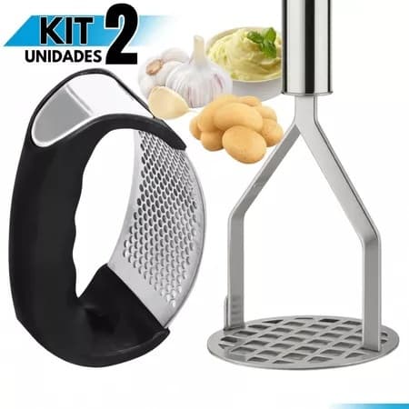 Kit 2 Utensílios Amassador Alho e Batata Manual Para Cozinha