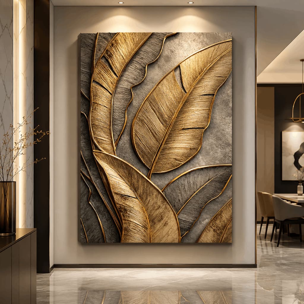 Quadro Decorativo Folhas Douradas Abstrato Moderno MDF Sala Quarto Escritório