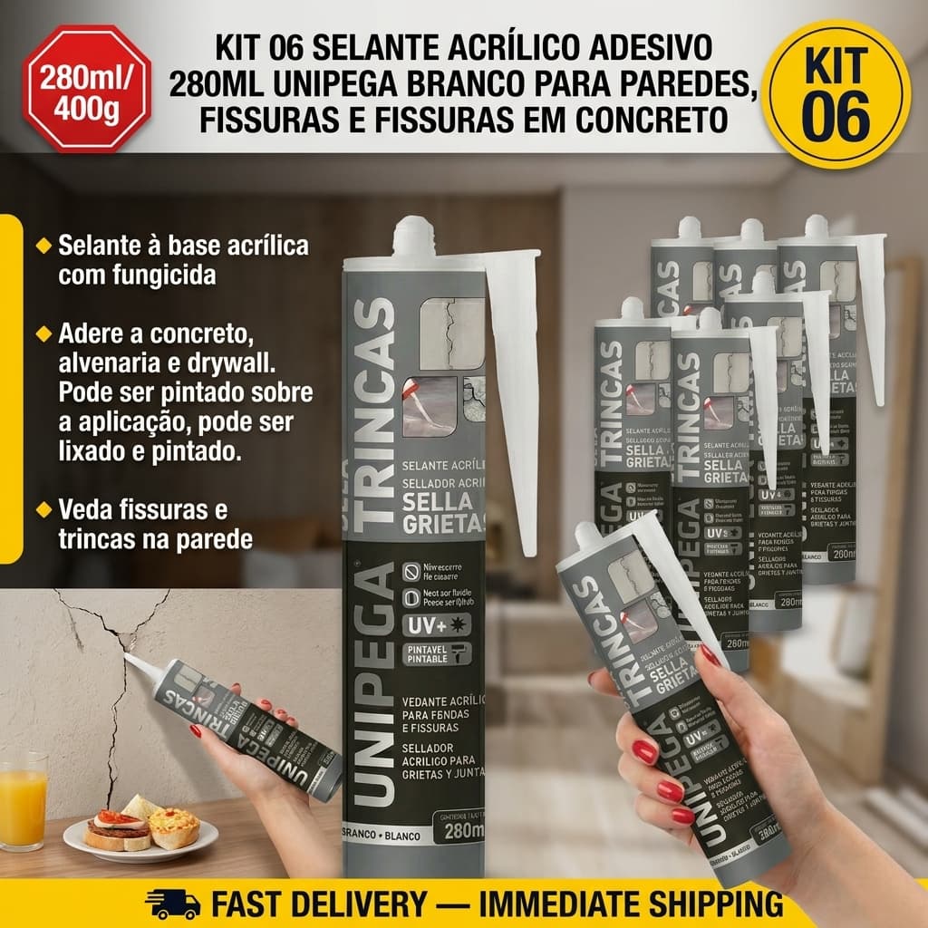 Kit Jogo 6 Sela Trincas Selante Acrilico Adesivo 280ml Unipega Branco Veda Parede Rachaduras Trinca