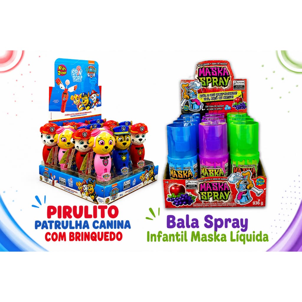 Kit Patrulha Canina Pirulito + Bala Maska Spray 24 Unidades (12 de cada) Festa Infantil