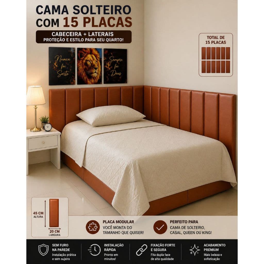 KIT CABECEIRA EM L CORINO CAMA BOX SOLTERIO CASAL QUEEN KING QUADRO DECORATIVO LEÃO DECORAÇÃO QUARTO