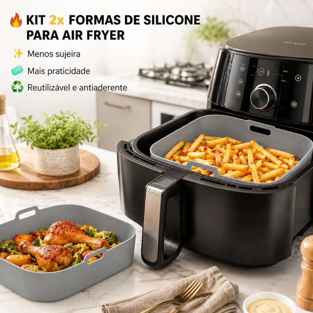 Kit 2 Formas de Silicone Quadrada Assadeira Air Fryer e Forno Forma para Fritadeira Elétrica Alça