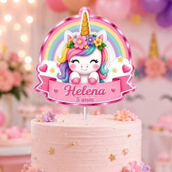 Topper/Topo de Bolo Unicórnio Rosa Metalizado Personalizado | Cake Topper Unicórnio Fofo Luxo 2 Camadas com Nome e Idade