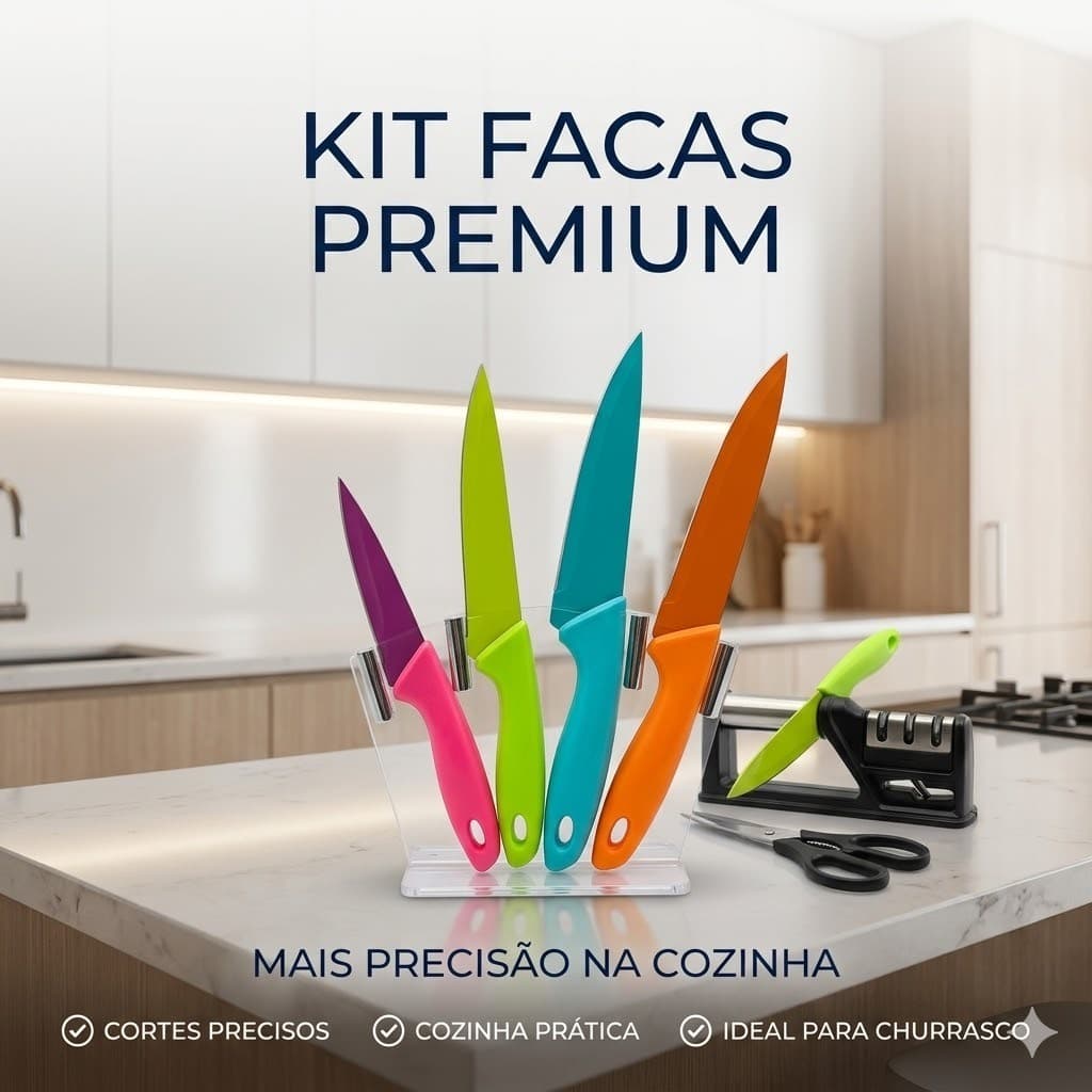 Kit 4 Facas Coloridas + Afiador de Facas | Cozinha Churrasco Chef