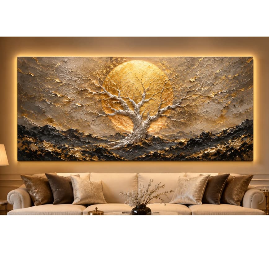 Quadro Decorativo Árvore da Vida Gold Lua Sala Grande Arte Luxo Abstrato Hall Escritorio