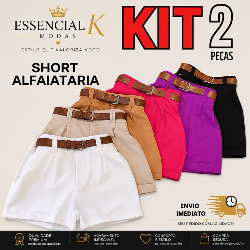 Kit 2 Shorts Alfaiataria Feminino Cintura Alta Com Cinto Com Bolso PROMOÇÃO P AO GG
