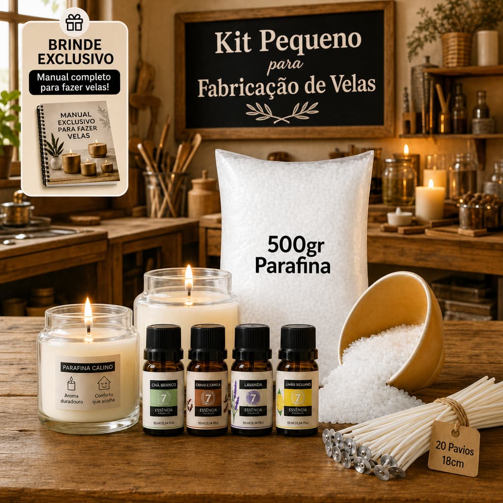 Kit p/Velas Perfumadas Decorativas - 500G Parafina Lentilhada + Essência PREMIUM + 20 Pavios c/Ilhós