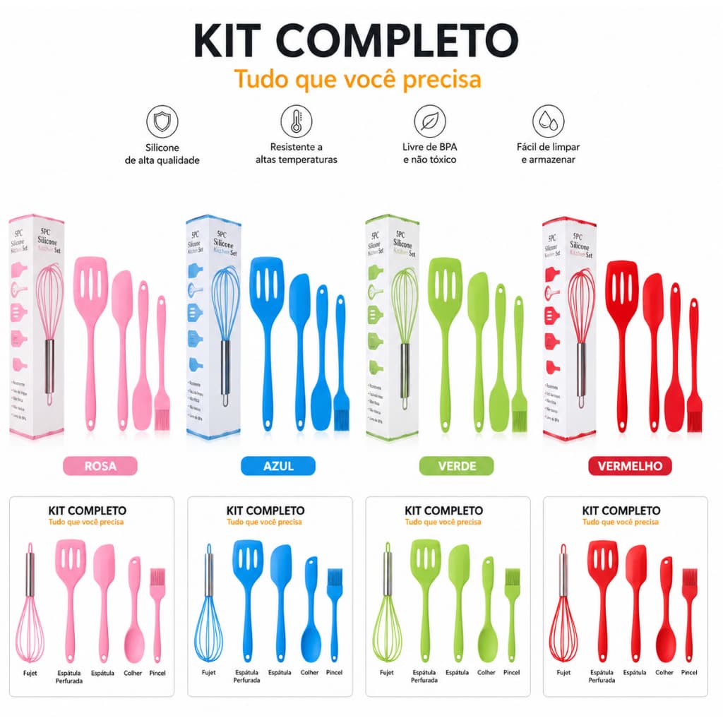 Kit Utensílios de Silicone Cozinha 5 Peças Antiaderente Resistente