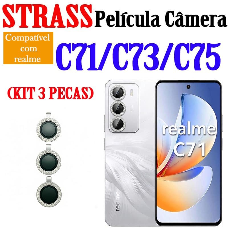 (Kit 3 Peças) Película de Câmera REALME C71/C73/C75 Protetor de Lente Vidro Temperado Anti-Risco Strass Diamante