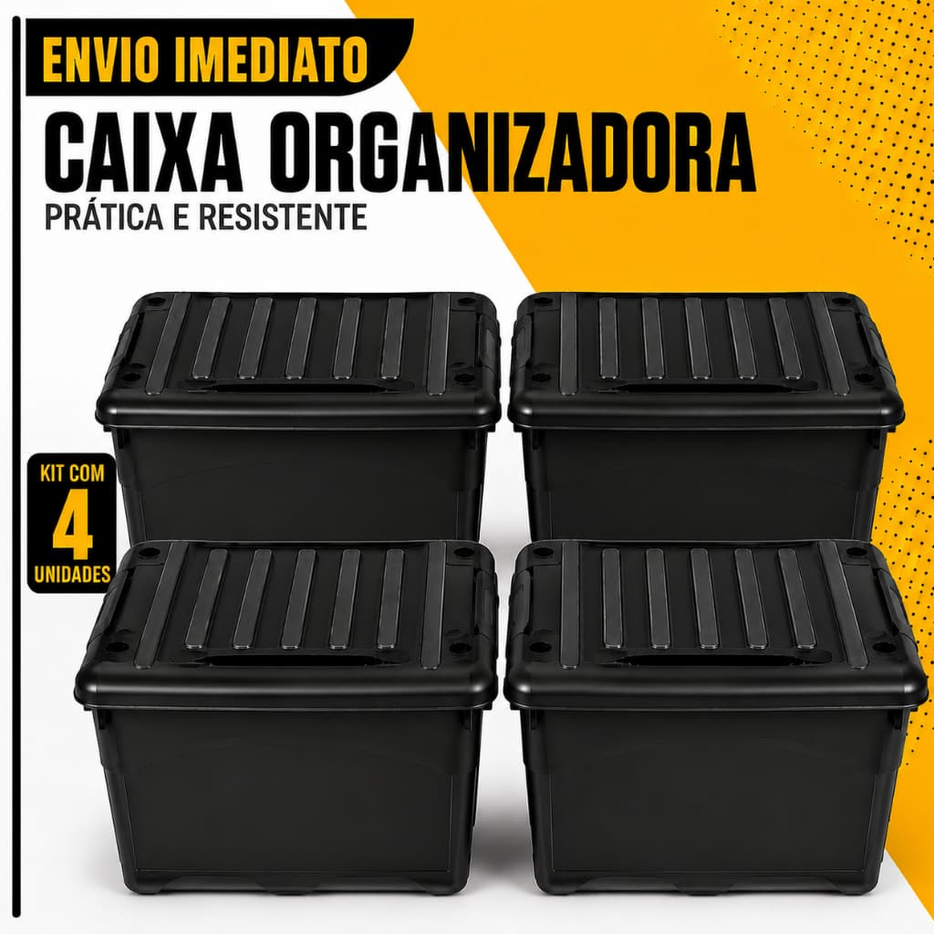 Kit 4 Unidades Caixa Organizadora 95 Litros Preta Com Rodinhas e Trava Para Transporte HeavyBox