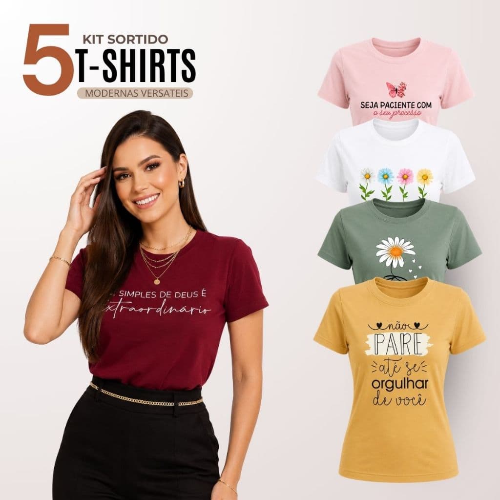 kit 5 Blusas Femininas Manga Curta Gola Redonda Algodão Roupas Femininas Moda