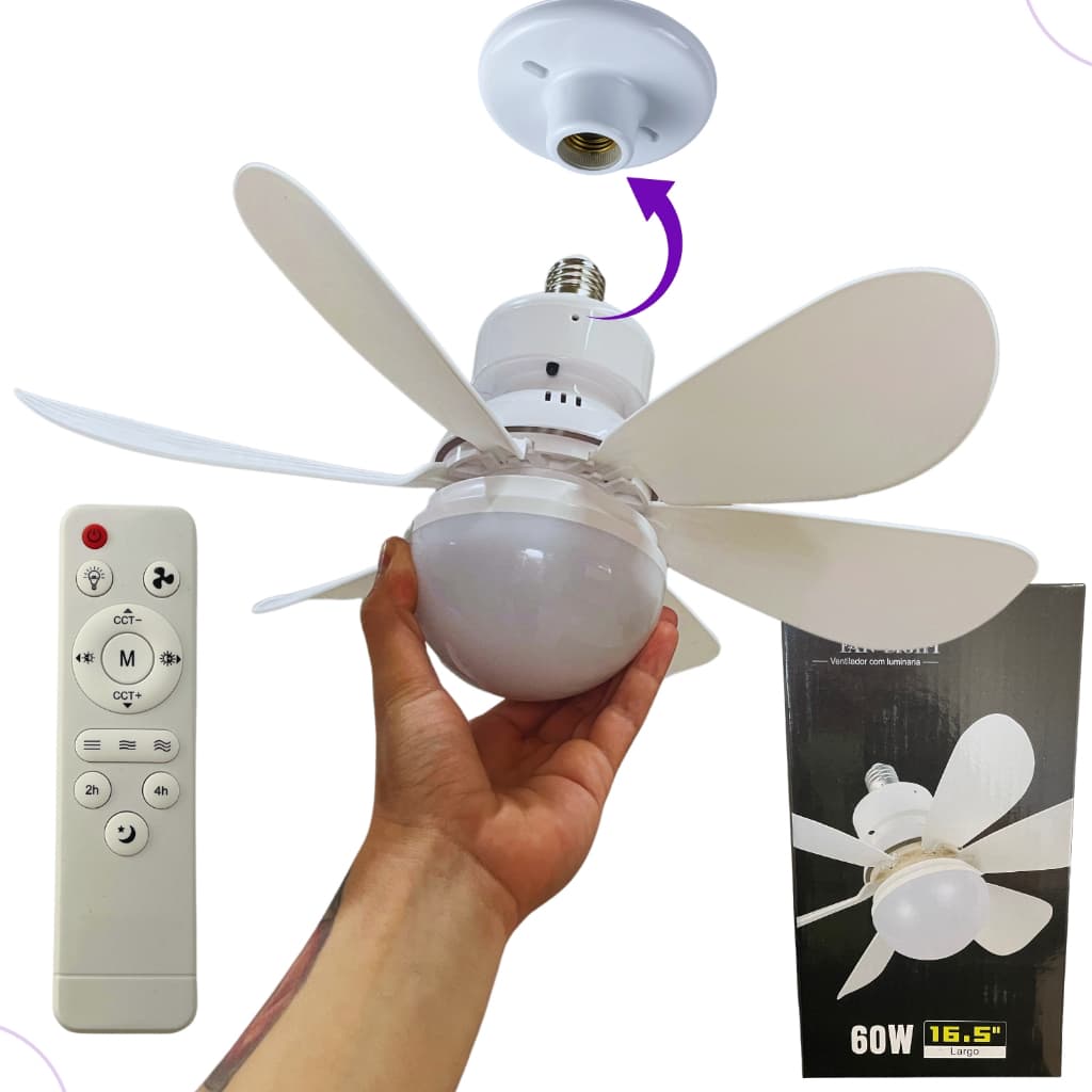 Mini Ventilador de Teto Gostey Luz 60W de Led Lampada com 6 Pás Silencioso Branco