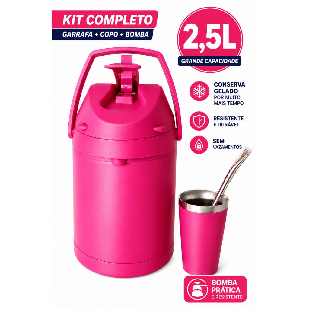 Kit Tereré Garrafa Térmica Inox 2,5L com Copo Térmico e Bomba | Rosa, Lilás, Pink ou Preta