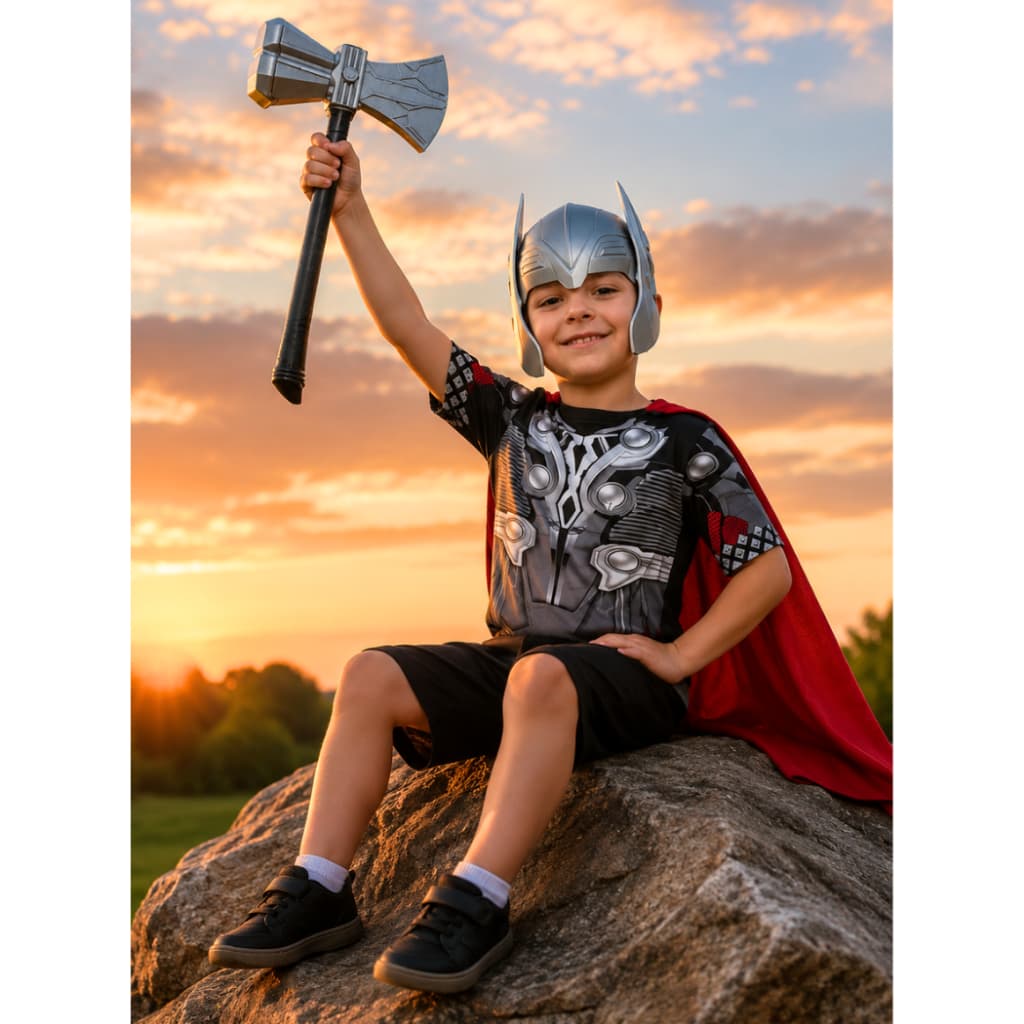 Fantasia Infantil Do Thor C\ Martelo Trovão E Mascara Plastico Curto Menino
