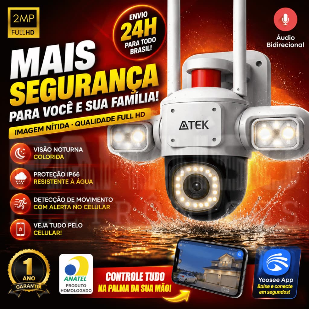 Câmera de Segurança 360º Wi-Fi 2.4 Inteligente IP PTZ Full HD Infravermelho c/ Alarme Tripla Externa