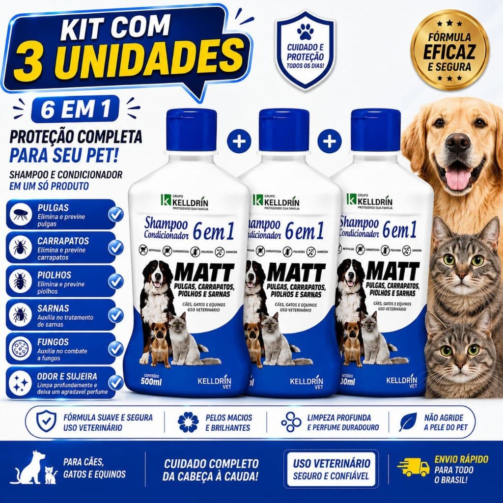 kit c/ 3 unidades Shampoo e Condicionador 6×1 Kelldrin Matt Antipulgas Carrapatos Piolhos e Sarna 500 ml