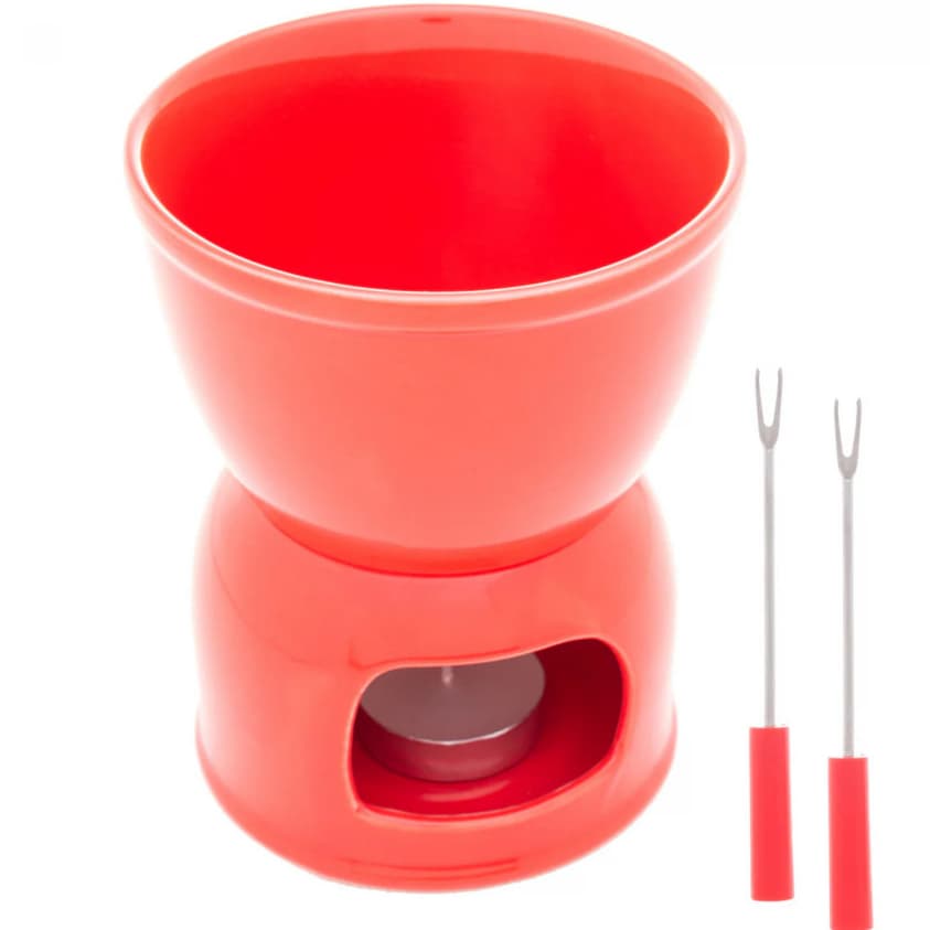 Aparelho de Fondue Porcelana Vermelho 400ml Wolff com Vela e Garfos TOP