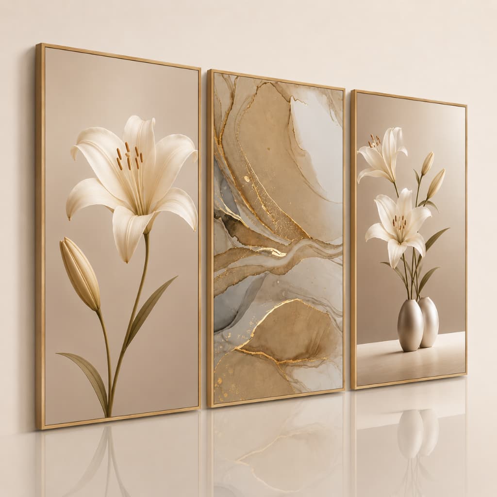 Kit 3 Quadros Decorativos Abstrato Flores Bege