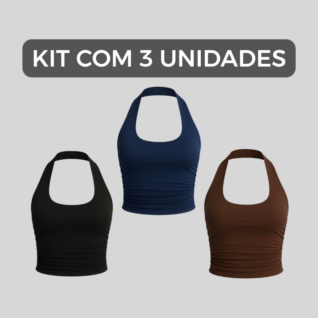 Kit 3 Cropped Feminino Frente Única Franzido Suplex Ajustado ao Corpo Costas Nua Blusa Cropped Moda Feminina Academia