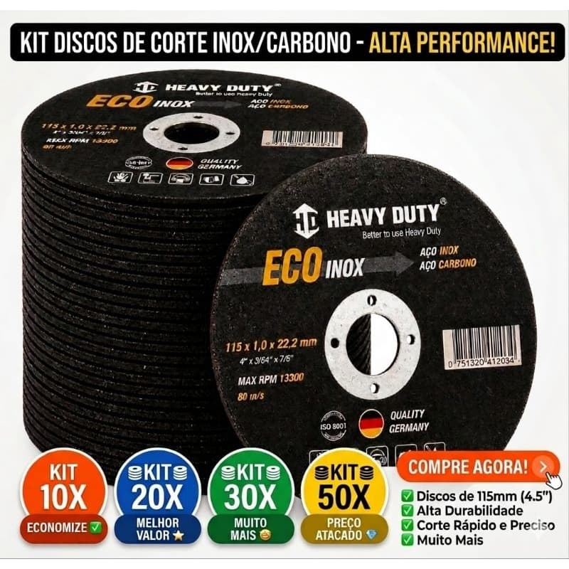 Kit Disco de Corte Aço Inox Ferro 115mm Heavy Duty Esmerilhadeira 10, 20, 30 e 50 unidades