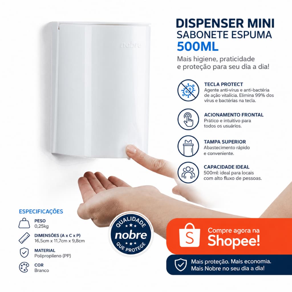 Porta Sabonete Espuma 500ml Branco Nobre para Banheiro, Clínica e Escritório