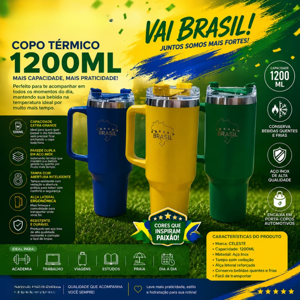 Copo Térmico 1200 ml com canudo, nas cores amarelo, azul e verde. Com capacidade ideal p o dia todo.