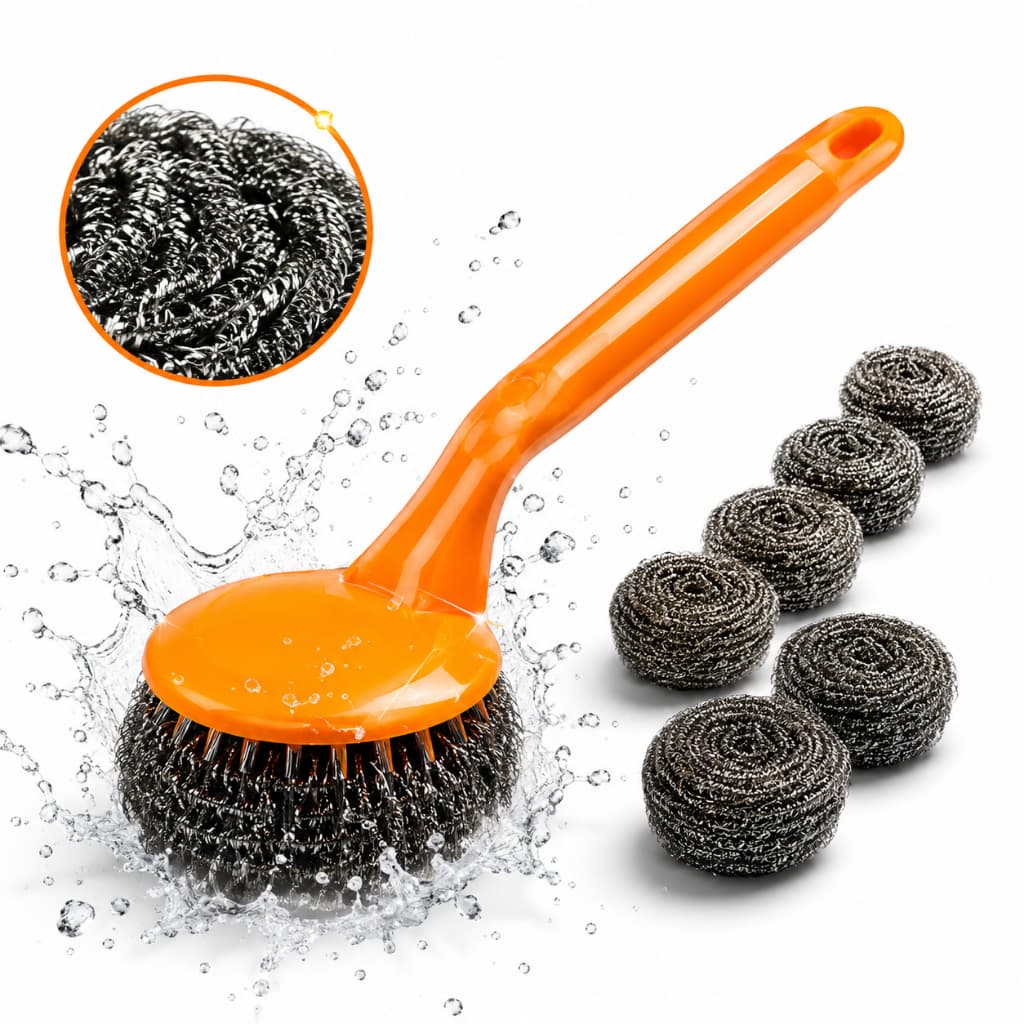 Escova Limpeza Pesada Com Cabo + 6 Refis Esponja Aço Inox louça Grelha Panela Cozinha
