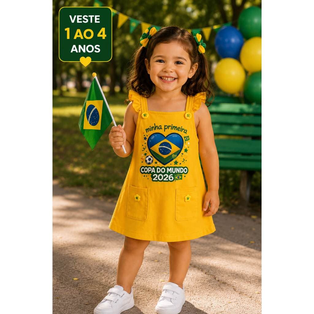 Vestido Infantil Feminino Copa Do Mundo Brasil 2026 Exclusivo Estampa Premium