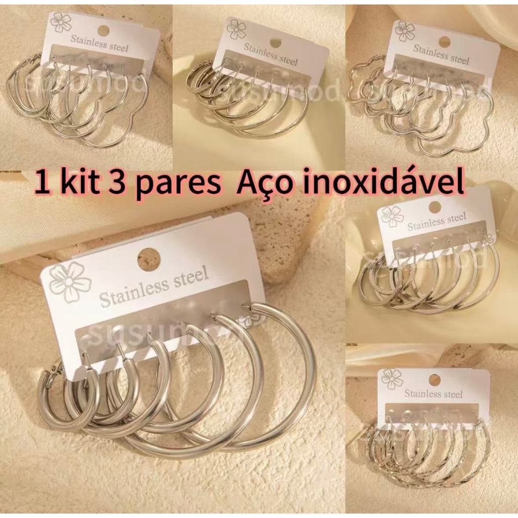 1 kit 3 PARES Brinco de Argola Aço Inoxidável dourado 3.8cm 4.3cm 5cm G Feminino Coração