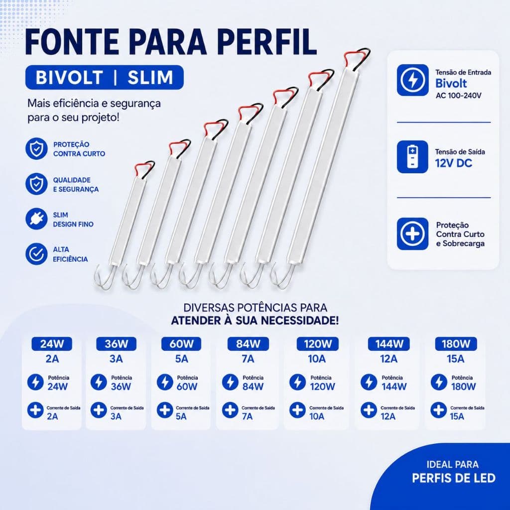 Fonte/Driver LED 12V Bivolt Slim 2A 3A 5A 7A 10A 12A 15A para Fita LED IP20 Uso Interno