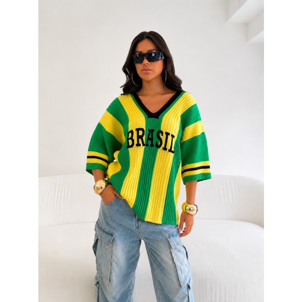 Blusa Feminina Tricô Canelado Brasil Manga Curta R219