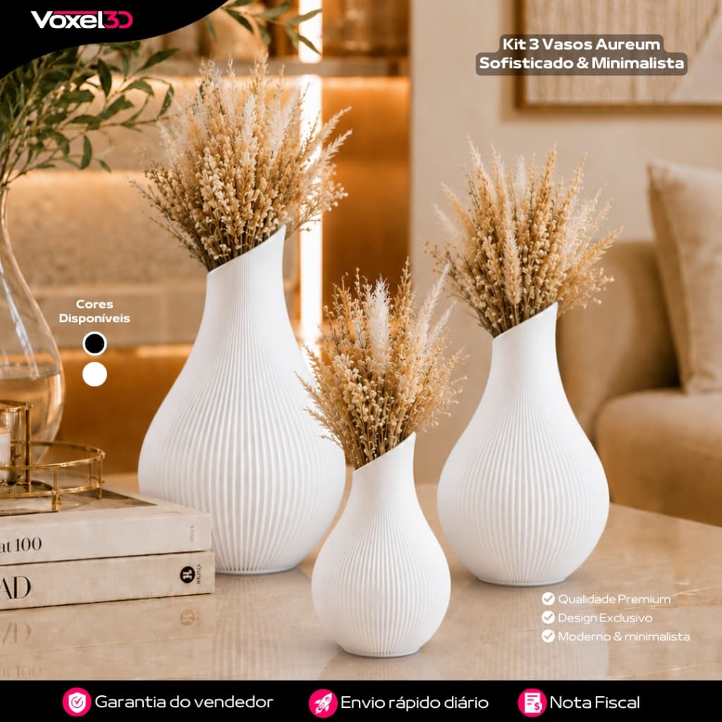 Kit 3 Vasos Aureum Luxo Decorativo Sofisticado Minimalista Moderno Elegante para Sala Quarto e Escritório