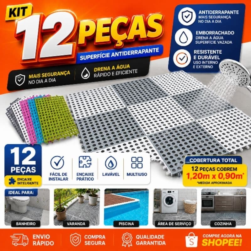 kit 12 tapetes modular 30x30cm superficie antiderrapante para banheiro box chuveiro vestiário saunas