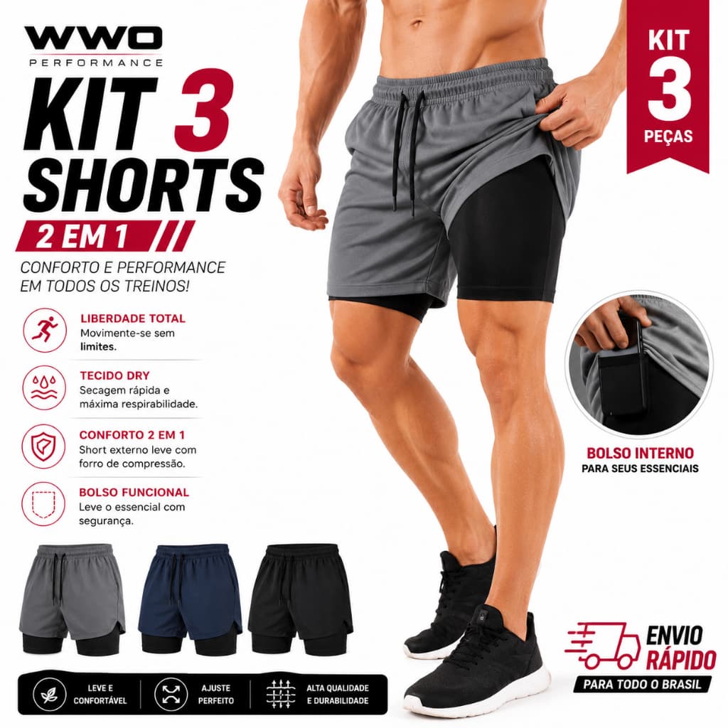KIT 3 Shorts Masculino 2 em 1 Corrida Forrado de compreensão para Treinar