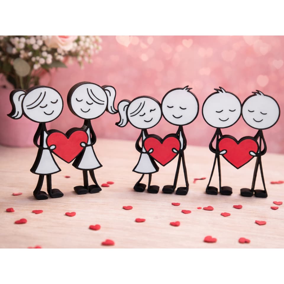 Casal Decorativo Coração 3D Presente Romântico | Homem/Mulher, 2 Homens, 2 Mulheres