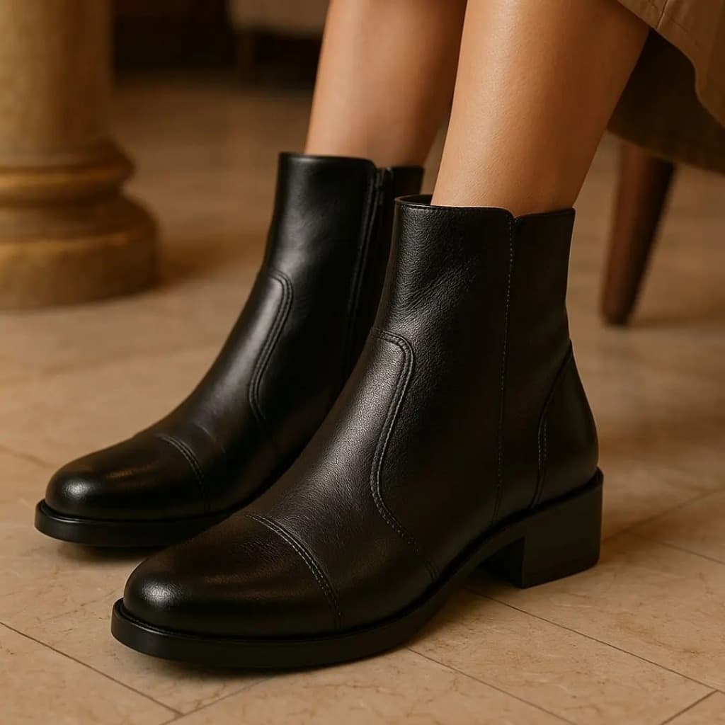 Bota Feminina Coturno Couro Legítimo Marrom Cano Curto Zíper