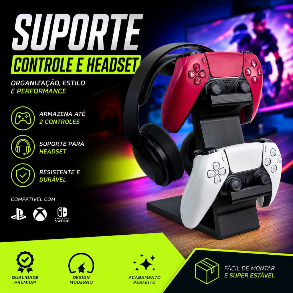Suporte Controle Gamer Headset Impressão 3D Premium Organizador Setup Gamer Preto Branco  Playstation Xbox NintendoSwitc