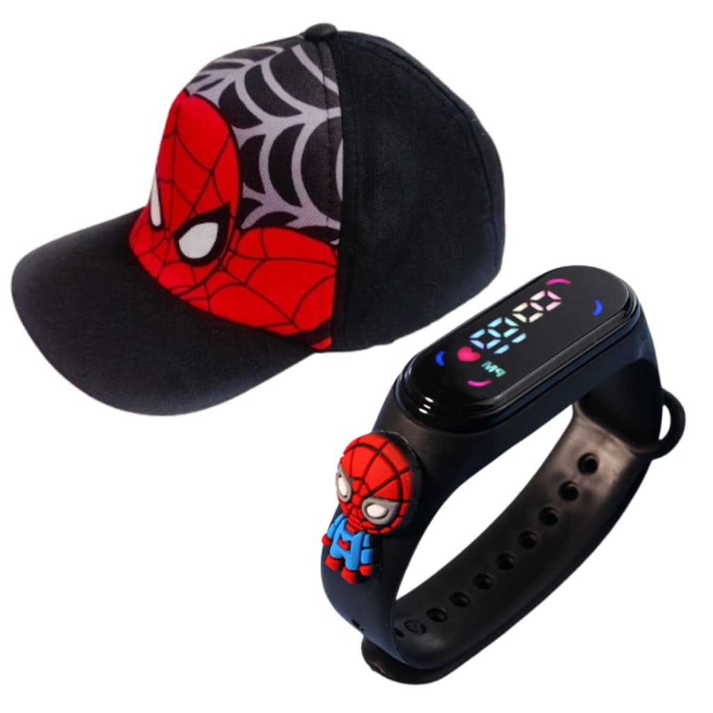 Kit Relógio Infantil Menino Com Boné Do Homem aranha