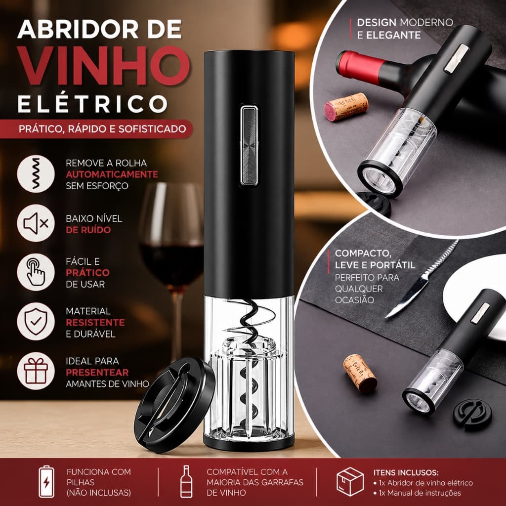 Abridor De Vinho Elétrico Automático Saca Rolhas Prático Elegante