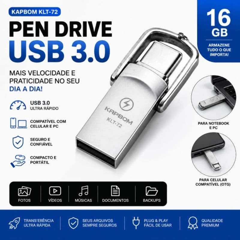Pen Drive 16GB USB 3.0 Ultra Rápido | Dual Flash Drive OTG para Celular e PC | Transfira Fotos, Vídeos e Arquivos