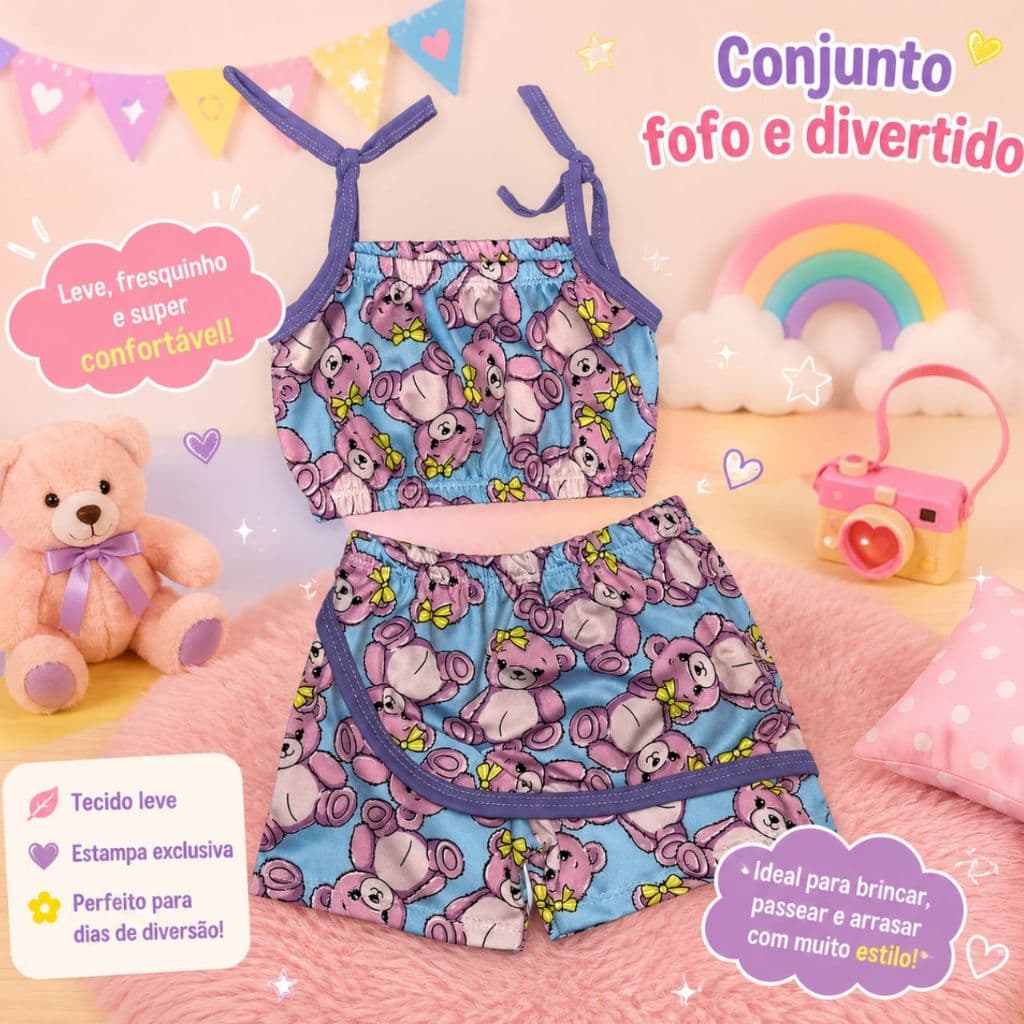 Conjunto Infantil Feminino Cropped + Short Estampado | Unicórnio e Ursinho | Verão Bebê Menina