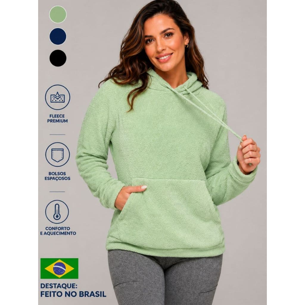 Blusa de Frio Canguru Soft Fleece Feminina Flanelado Capuz Inverno Tamanho Médio ao Plus Size