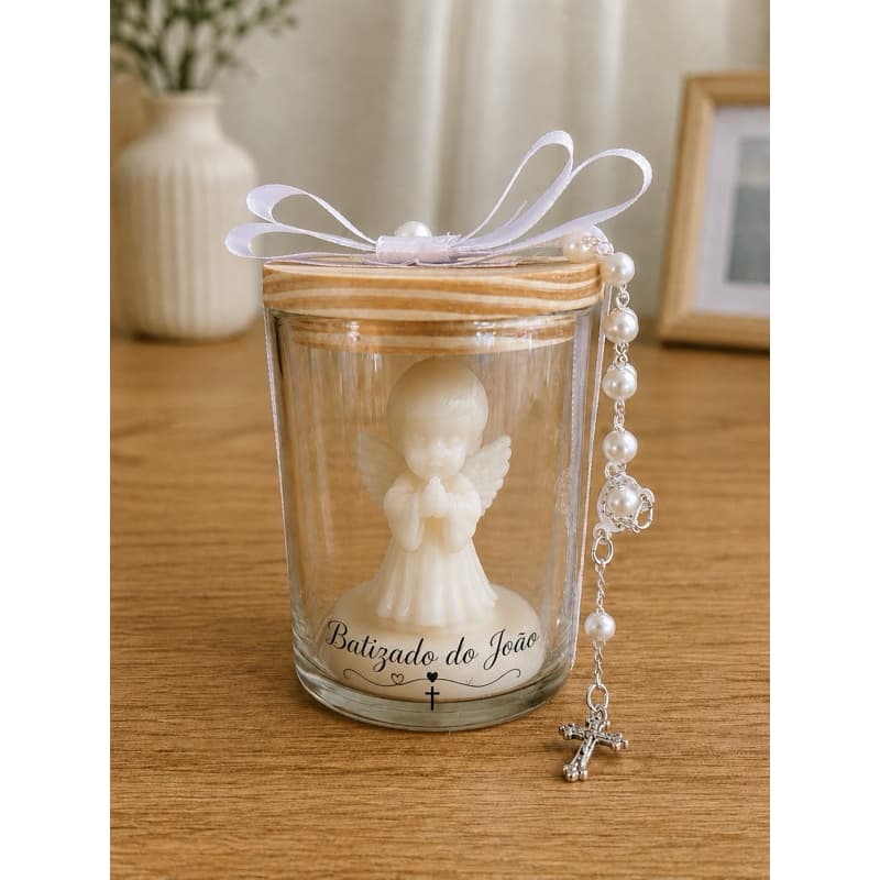 Kit Vela Aromática Batizado Personalizada – Anjinho no Pote de Vidro 70ml
