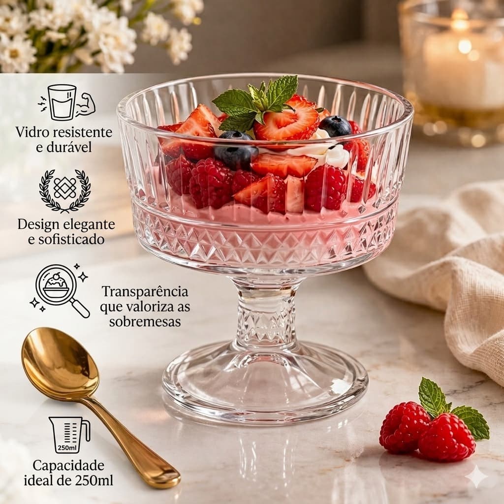 Jogo 6 Taças de Sobremesa 250ml Vidro com Pé – Taça Elegante para Sorvete e Doces