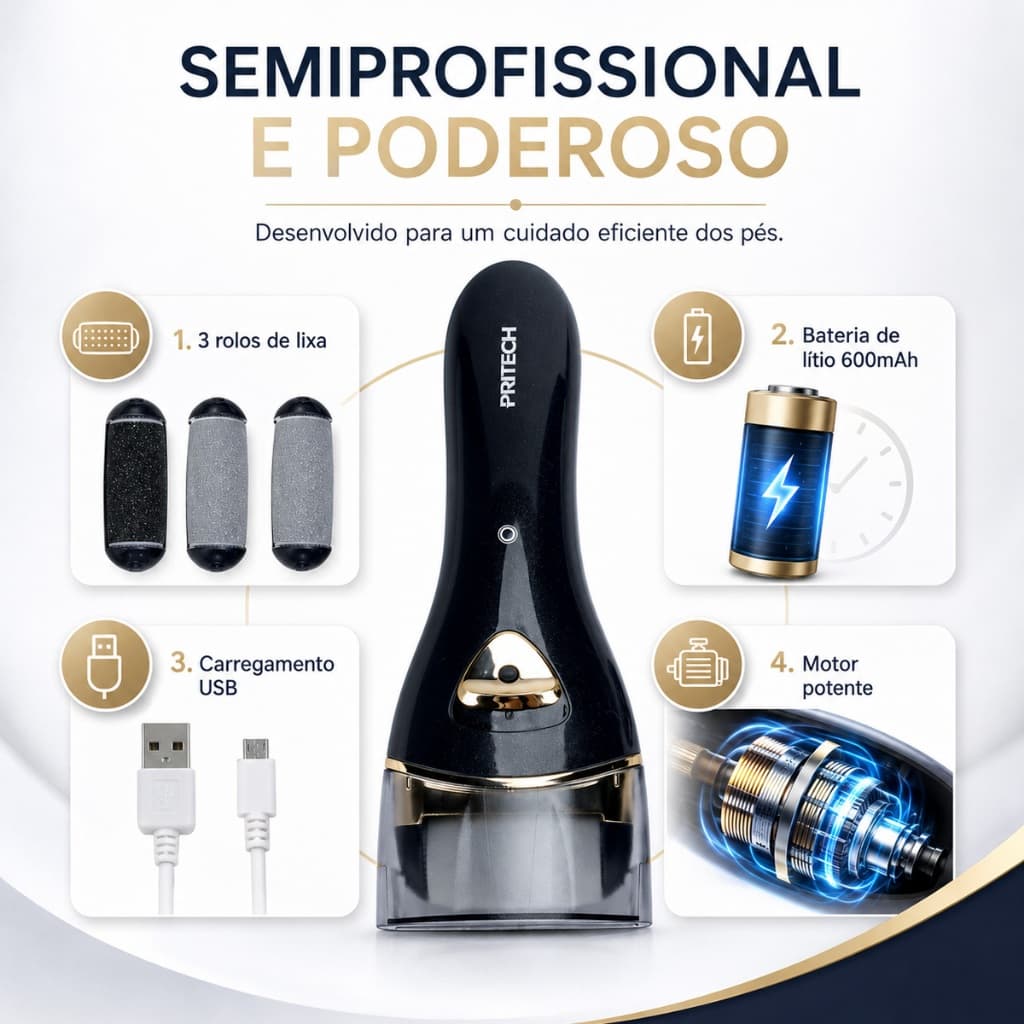Lixador Para Pés Portátil Compacto Removedor Preto Original 5W 3 Rolos de Lixa Cabo USB