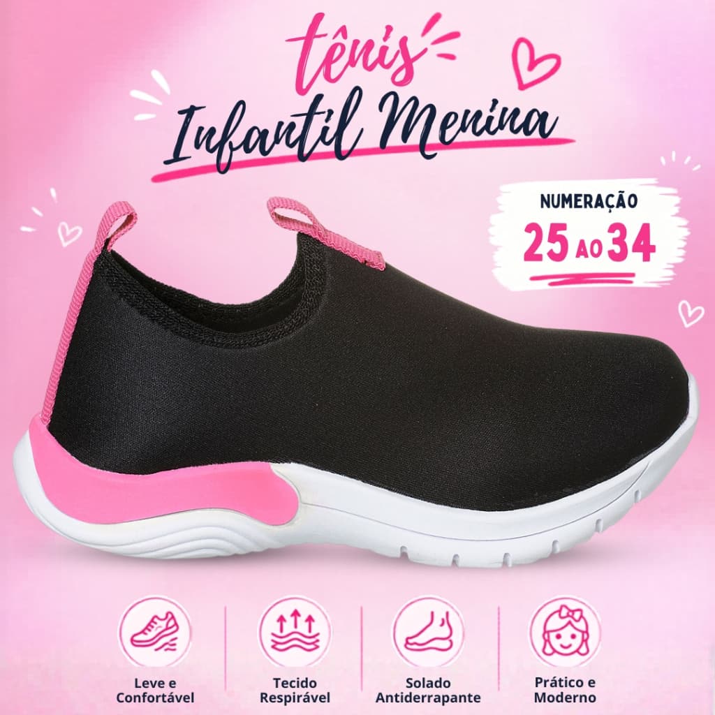Tênis Infantil Feminino Menina Calce Fácil Super Leve Escolar Preto/Pink