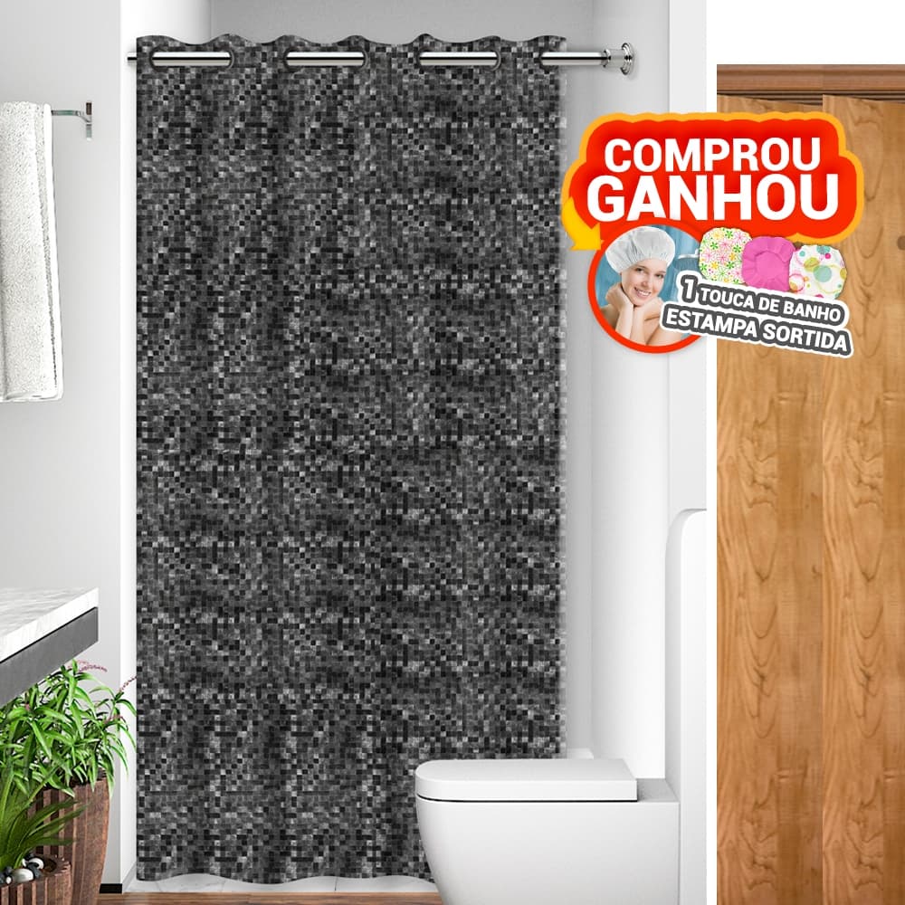 Cortina de Box Impermeável Banheiro Pastilha Preta Fumê Anti mofo Resistente Ilhós 100% PVC 2 X1,40M