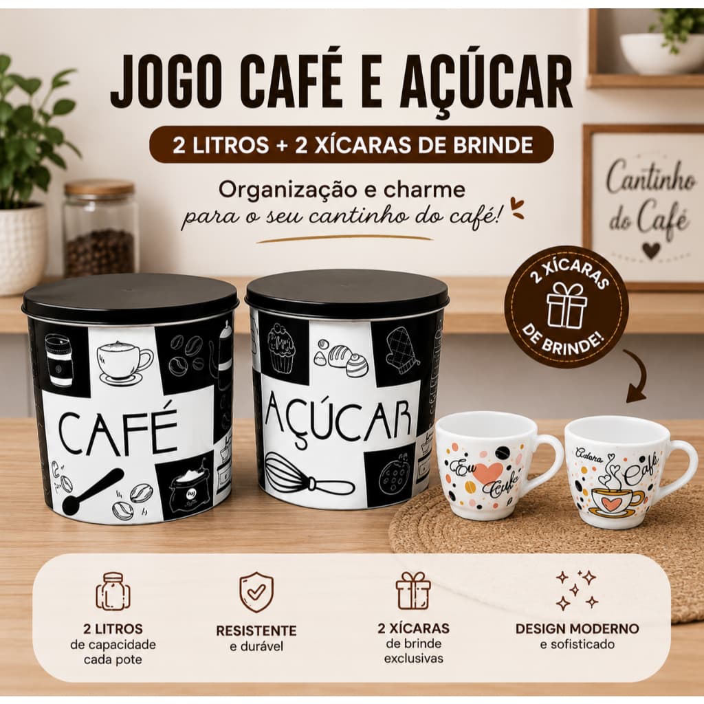 Jogo de Potes Café e Açúcar 2 Litros + 2 Xícaras de Brinde para Cantinho do Café