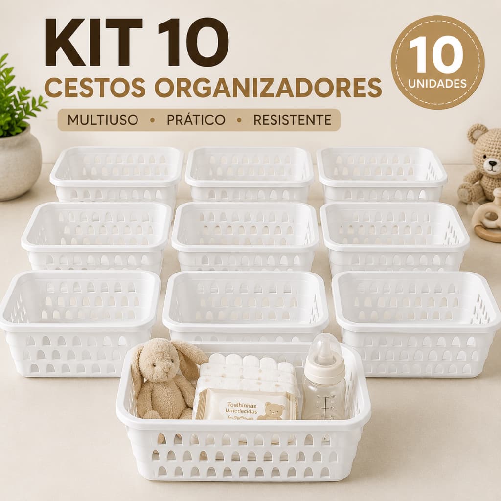 Kit 10 Cestos Organizadores Branco Multiuso para Maquiagem Itens de Bebê e Cozinha
